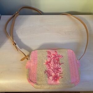 New Vera Bradley Pink & Straw Stripe & Flower Design Crossbody Bag